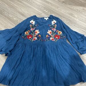 Umgee Blue Kids Dress with Floral Embroidery